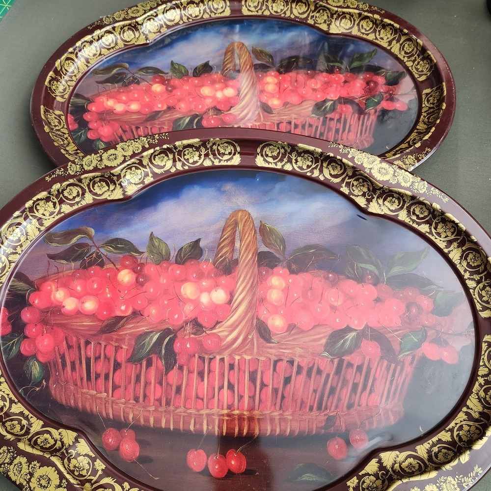 2 Vtg Ian Logan London Metal Trays 1993 Mimi Roberts Painting Basket Cherries